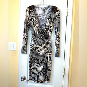 CACHÉ Vintage Y2K 00’s Beaded Animal Print Leopard Cheetah Wrap Midi Dress